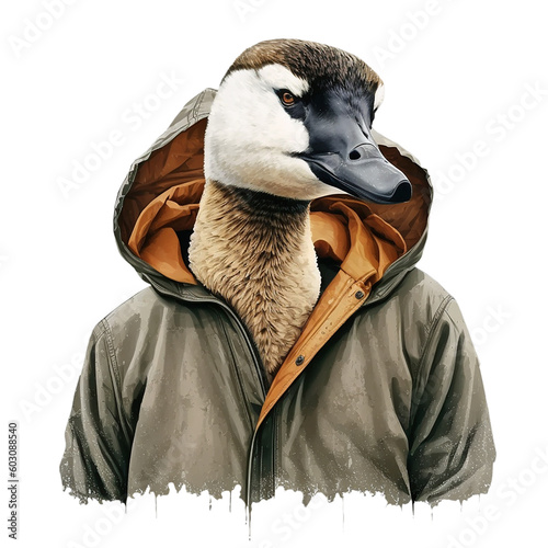 funny anthropomorphic goose in hoodie on white background