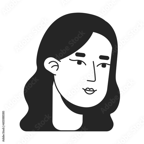 Wavy hair young adult woman monochrome flat linear character head. Brunette girl with curly hair. Editable outline hand drawn human face icon. 2D cartoon spot vector avatar illustration for animation