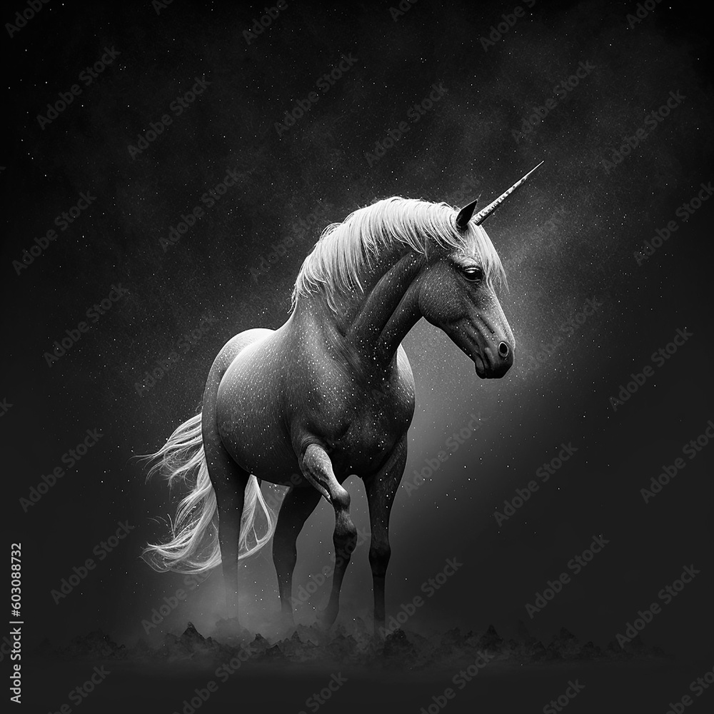 lovely white unicorn in the magical atmosphere of the forest, black and white illustration