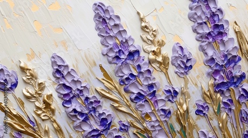 Generative AI, lavender branches hand drawn oil painting with golden leaves on white background photo