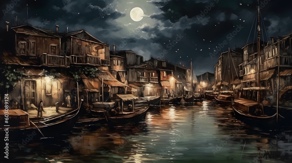 Venice Italy (inspired) boat moon moonlight beautiful oil painted art, AI generated.