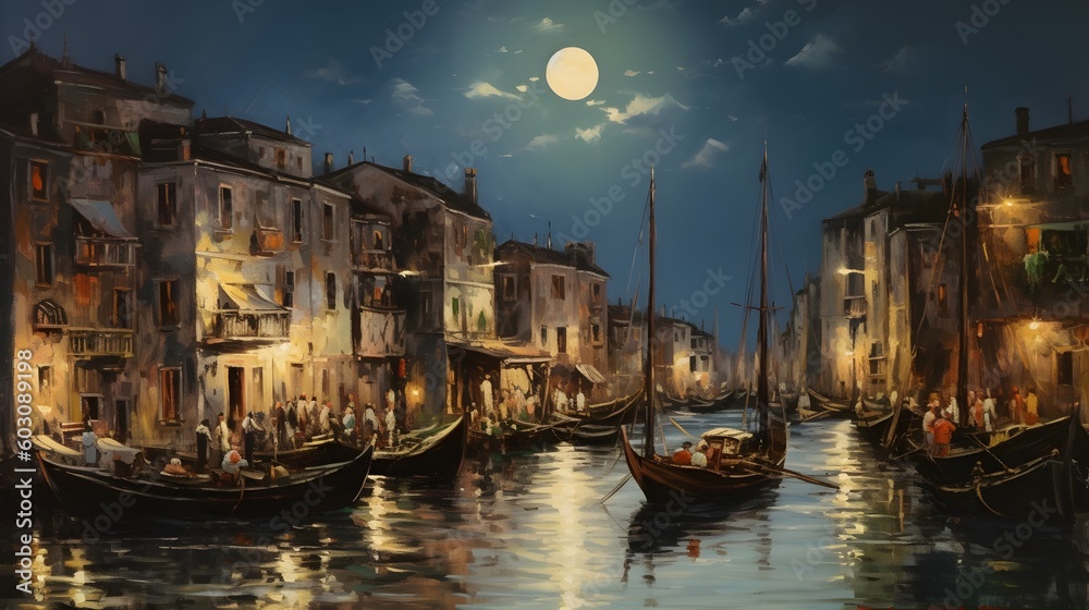 Venice Italy (inspired) boat moon moonlight beautiful oil painted art, AI generated.