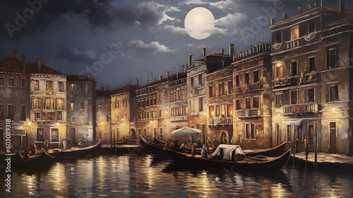 Venice Italy (inspired) boat moon moonlight beautiful oil painted art, AI generated.