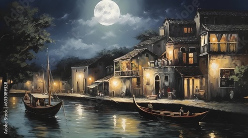 Venice Italy (inspired) boat moon moonlight beautiful oil painted art, AI generated.