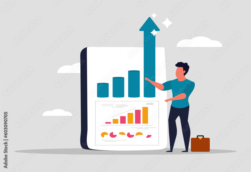Business growth of the company, increase in income and return on investment. Sales growth and a successful businessman stands near the graph and looks at the up arrow. Vector illustration Business growth of the company, increase in income and return on investment. Sales growth and a successful businessman stands near the graph and looks at the up arrow. Vector illustration