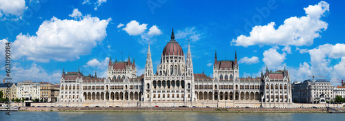 Hungary, panoramic view of the Parliament and Budapest city skyline of historic center.