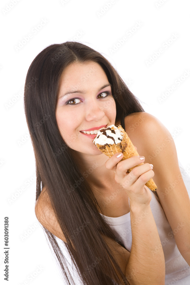 pretty girl with long hair eats ice-cream pretty girl with long hair eats ice-cream