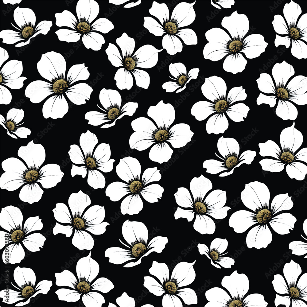 white flower seamless vector pattern on black background.