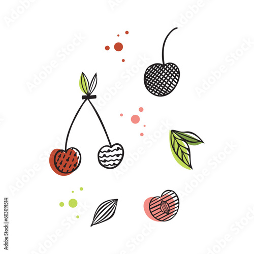 Flat vector icon of appetizing cherries. Abstract Sliced fruits, Abstract flat stickers, emblems and labels for orange fresh juice. Graphic design editable for your design. Isolated. EPS 10.