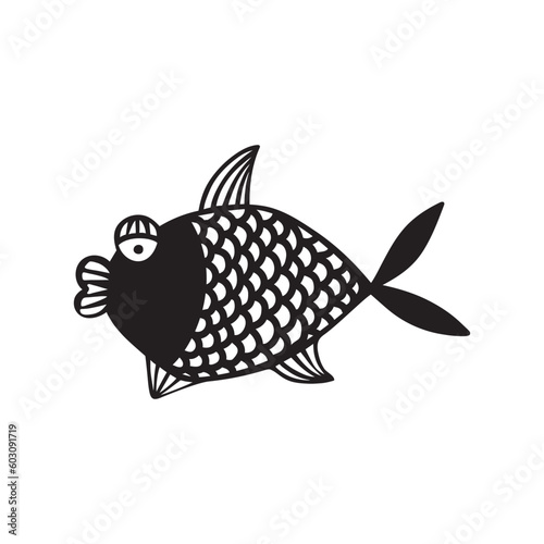 Stylized fishes. Aquarium fish. Ornamental fish. River fish. Sea fish. Children's drawing. Black and white drawing by hand. Line art. 