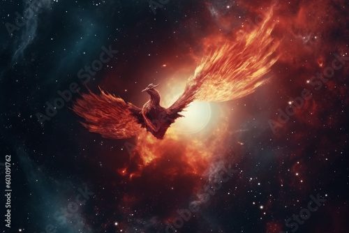 Fire phoenix bird in space background. Generative AI