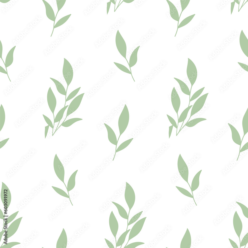 Seamless pattern of hand drawn of green tea leaves on isolated background. Design for springtime and summertime celebration, scrapbooking, textile, home decor, paper craft.