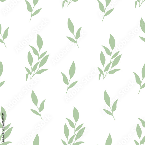 Seamless pattern of hand drawn of green tea leaves on isolated background. Design for springtime and summertime celebration  scrapbooking  textile  home decor  paper craft.