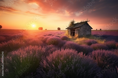 Lavender field and hut during beautiful late sunset. Generative AI