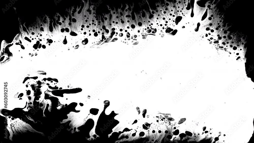 Black ink artistic flow splatter spots spills white paper beautiful reveal dripping streaks spread fluid alpha matte isolated watercolor drops transition stream stain leak scatter over screen