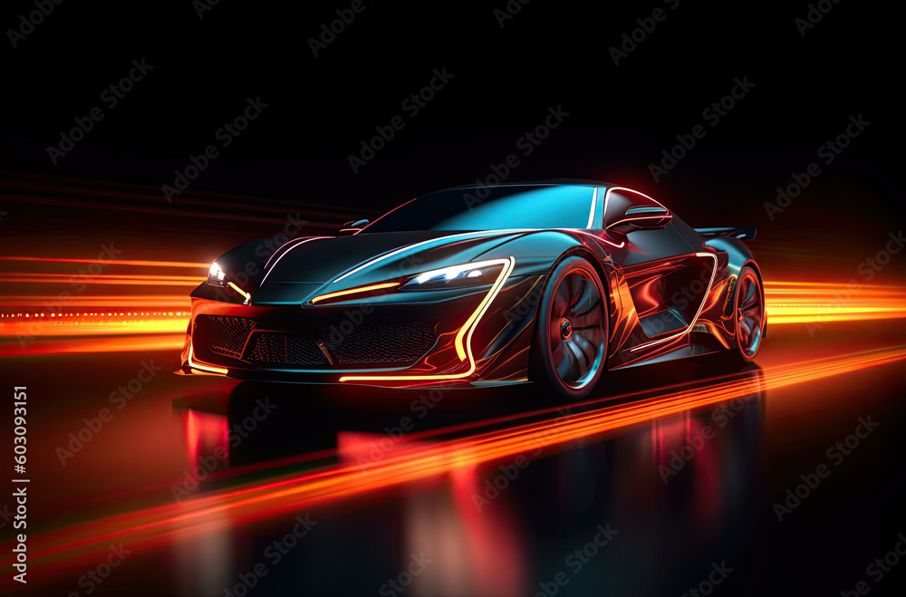 Generic and unbranded modern sport car running in a light tunnel, generative ai illustration