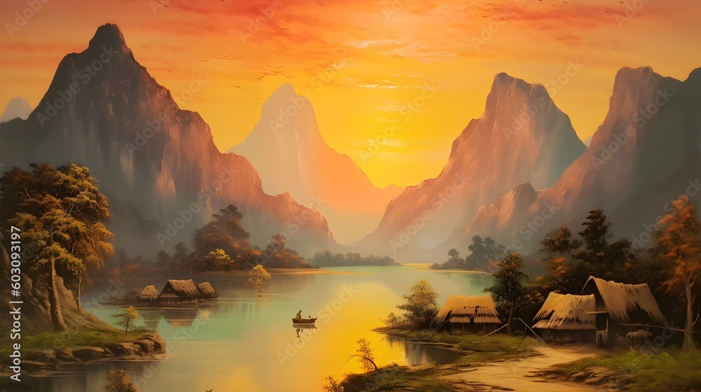 Laos mountain (inspired) sunset beautiful oil painted art, AI generated.