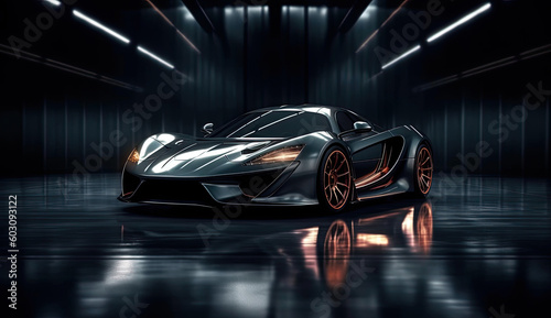Generic and unbranded modern sport car on a dark background, generative ai illustration