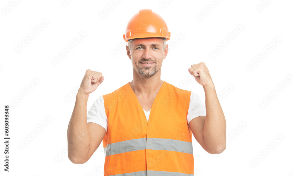 photo of glad man engineer wearing reflective vest. man engineer isolated on white. photo of glad man engineer wearing reflective vest. man engineer isolated on white.