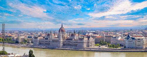 Hungary, panoramic view of the Parliament and Budapest city skyline of historic center. © eskystudio