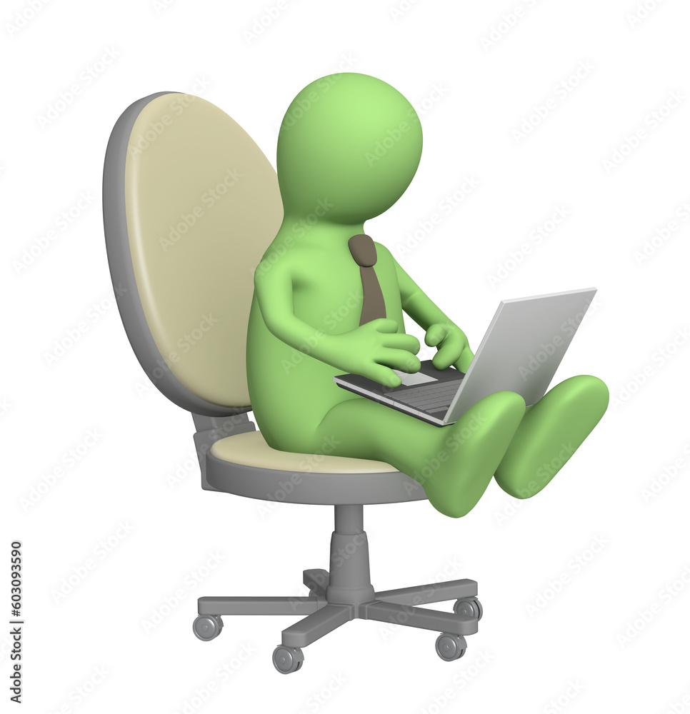 3d puppet, sitting with a laptop. Object over white 3d puppet, sitting with a laptop. Object over white