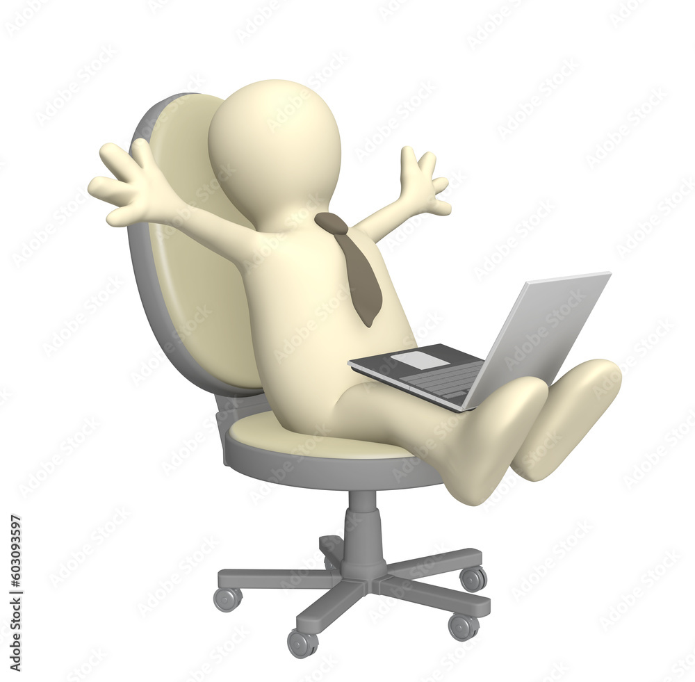 3d puppet, sitting with a laptop. Object over white 3d puppet, sitting with a laptop. Object over white