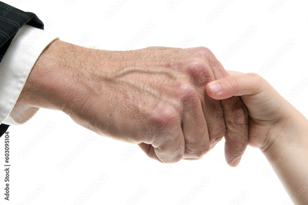 Businessman father giving hand to a child isolatede on white Businessman father giving hand to a child isolatede on white