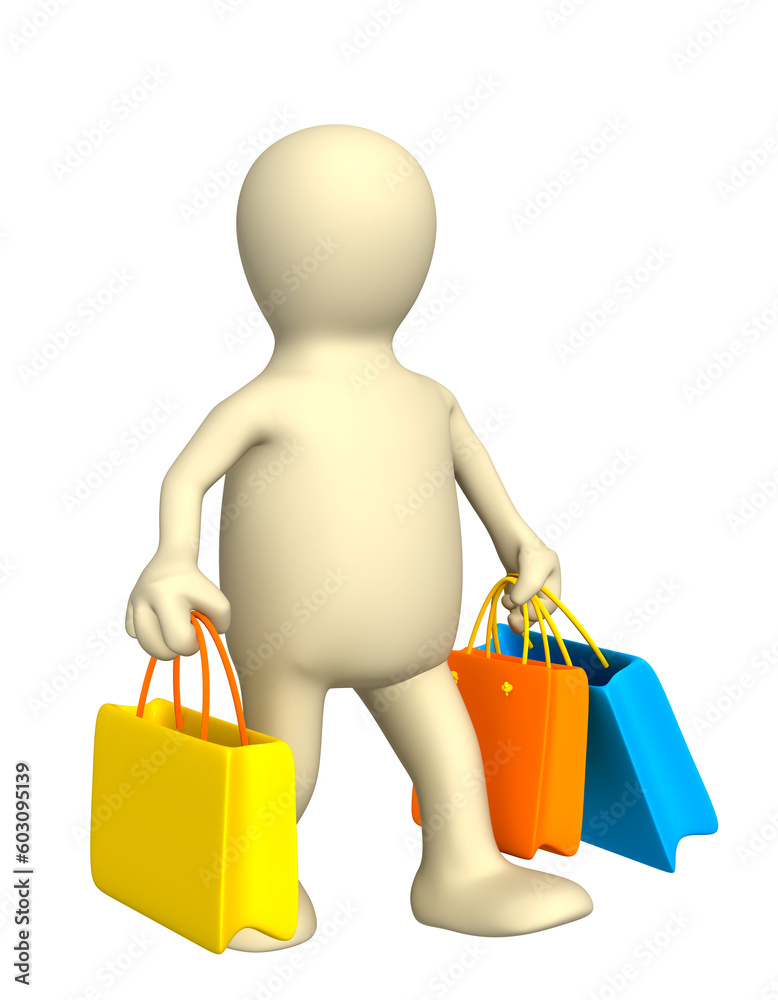 3d puppet, carrying packages with purchases - over white 3d puppet, carrying packages with purchases - over white