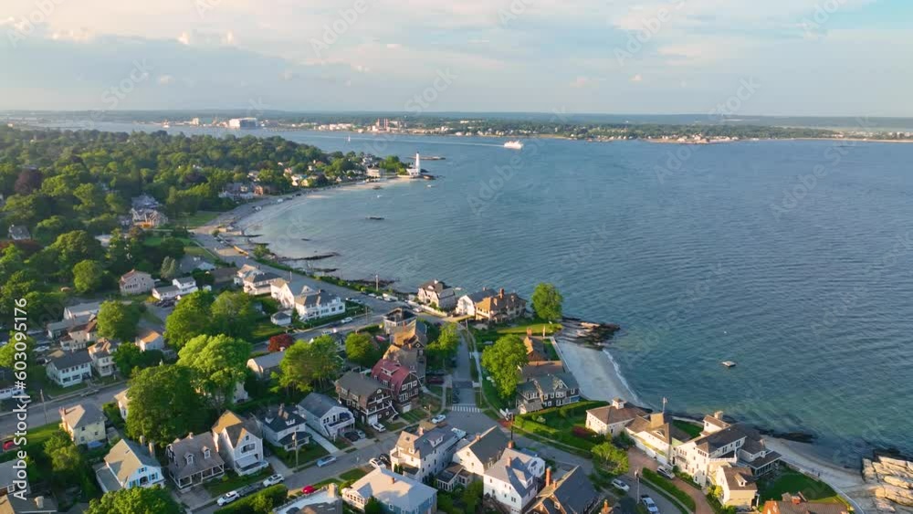 Pequot Point Beach and New London Harbor Lighthouse at the mouth of Thames River in city of New London, Connecticut CT, USA. Pequot Point Beach and New London Harbor Lighthouse at the mouth of Thames River in city of New London, Connecticut CT, USA.