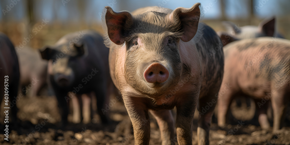 Little piglets close-up, pigs roam free and around the farm. Welfare and care of farm animals. Generative AI
Little piglets close-up, pigs roam free and around the farm. Welfare and care of farm animals. Generative AI