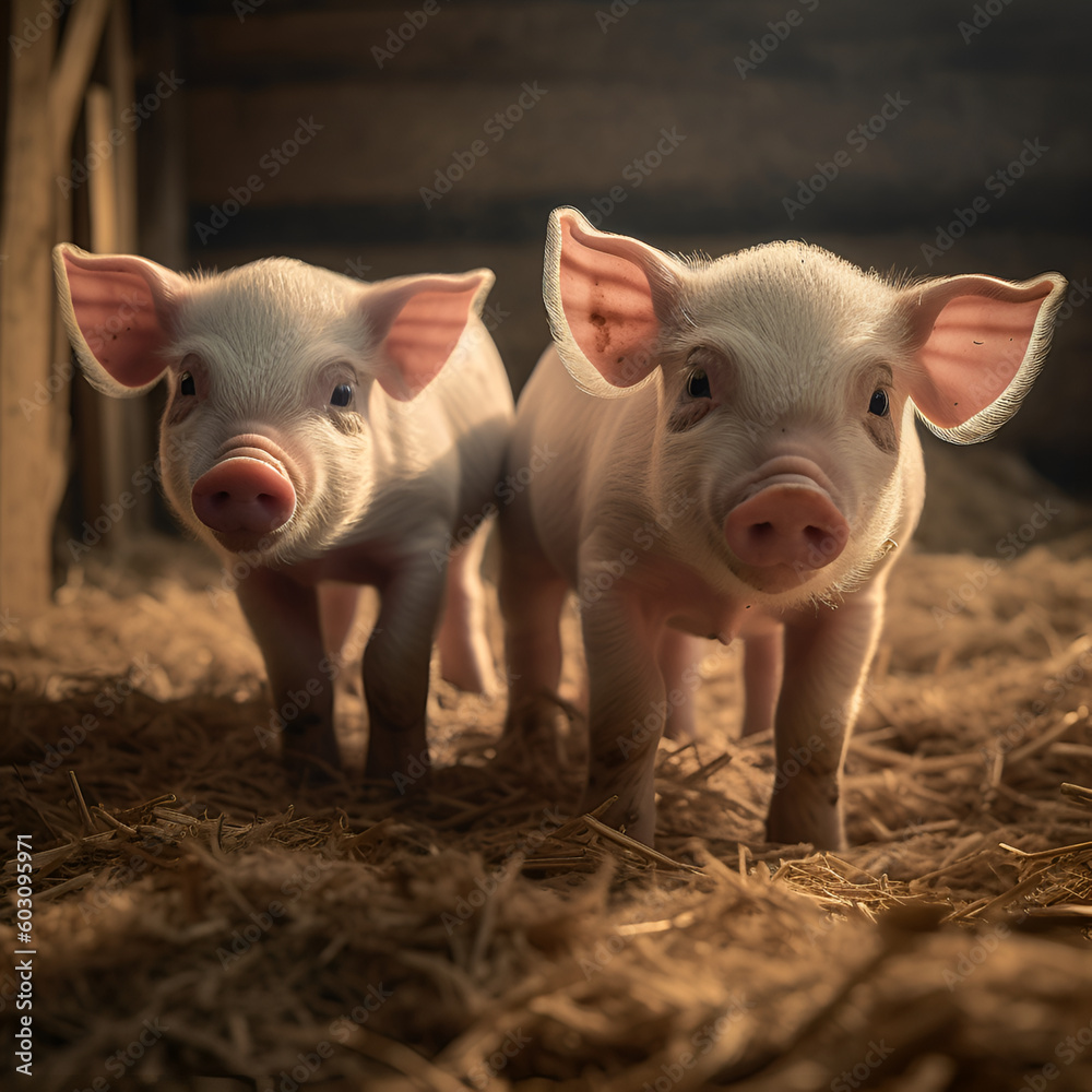 Little piglets close-up, pigs roam free and around the farm. Welfare and care of farm animals. Generative AI
Little piglets close-up, pigs roam free and around the farm. Welfare and care of farm animals. Generative AI