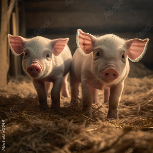 Little piglets close-up, pigs roam free and around the farm. Welfare and care of farm animals. Generative AI  © 22_monkeyzzz