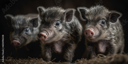 Little piglets of the mangalica breed close-up, pigs roam free and on the farm. Welfare and care for farm animals. Generative Ai  © 22_monkeyzzz