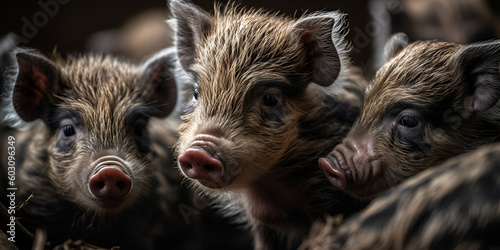 Little piglets of the mangalica breed close-up, pigs roam free and on the farm. Welfare and care for farm animals. Generative Ai  © 22_monkeyzzz
