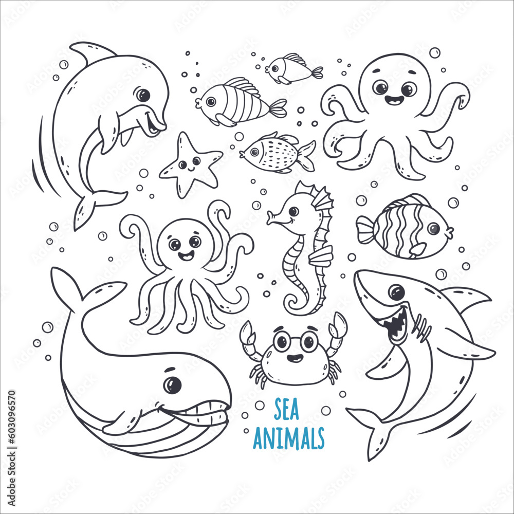 Fototapeta premium set of cute sea creatures and underwater animals, doodle. Whale, octopus,crab, fish,shark, dolphin in sketch style. Outline vector illustration