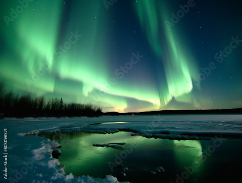 Frozen aurora reflection on ice: A hypnotic winter landscape,, generative AI © Ash