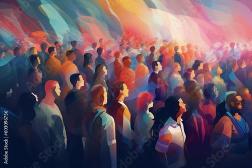 Abstract group of crowded colorful people illustration. Mob of people. Pulse of the Crowd. Confusion of people. Multiple colored. Generative AI