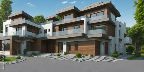 Slika na platnu Illustration of a modern three-story house with large windows and balconies crea