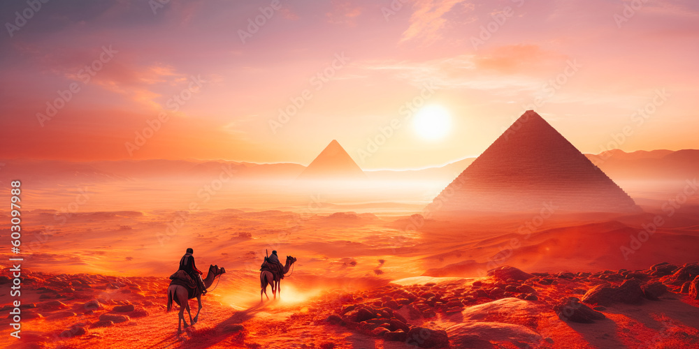 Atmospheric landscape in the desert with pyramids at sunrise