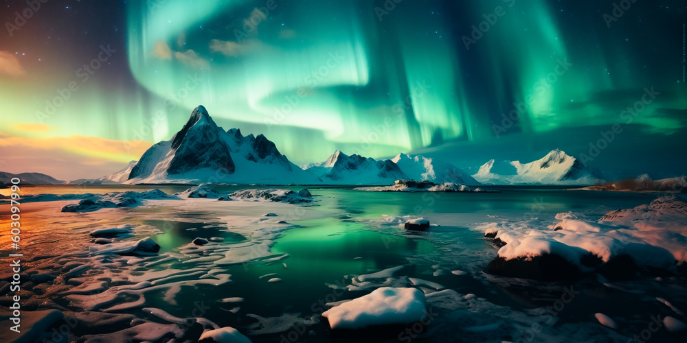 Aurora Borealis over the snow-capped mountains
