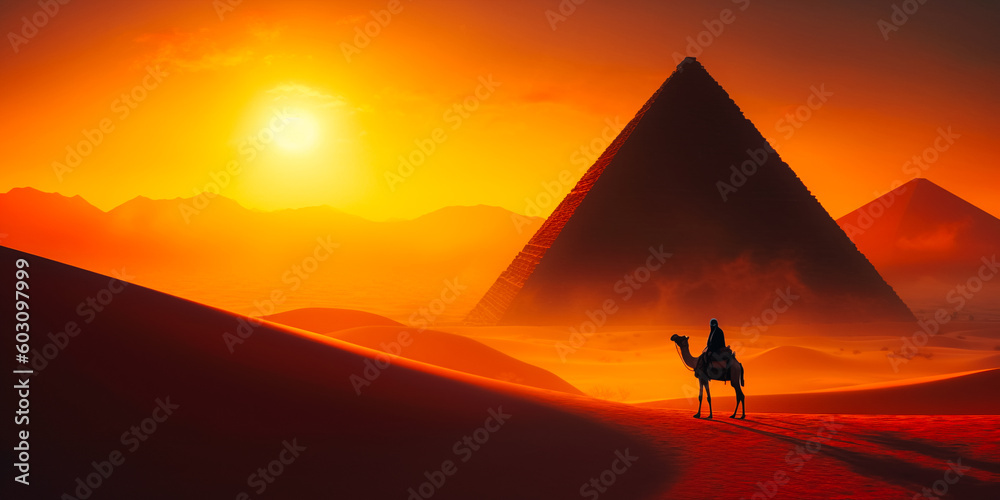 Atmospheric landscape in the desert with pyramids