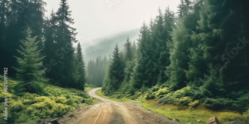 Atmospheric green forest landscape with a dirt road among fir trees in the mountains