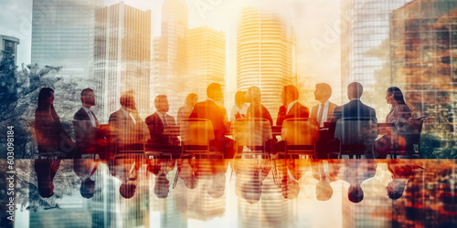 Double exposure of the image of a meeting of a conference group of business people on the background of a city office building