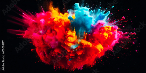 Explosion of colored gunpowder on black background. Freeze frame