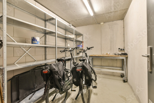 Foto two bikes parked next to each other bike in a room with metal shelvings on the w