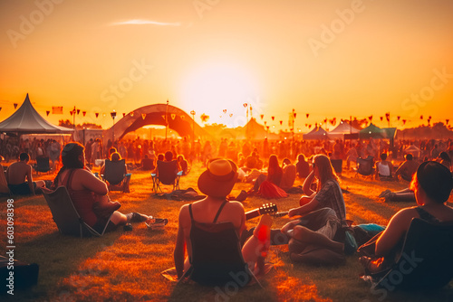 People sit on the grass and watch a concert festival