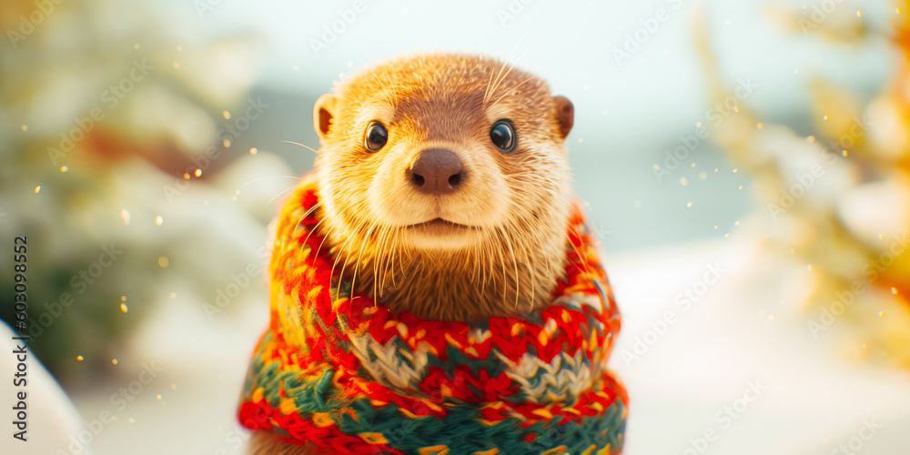 The anthropomorphic otter is dressed in a cozy sweater and hand-knitted scarf