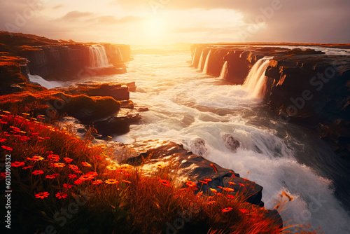 Stunning landscape with waterfalls at sunset