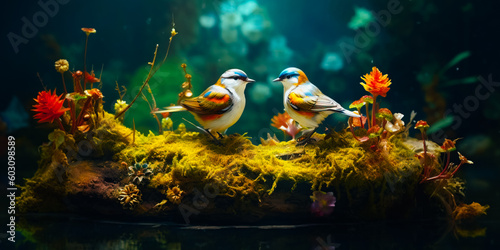 White and brown birds, with butterflies, sit next to mossy plants © v.senkiv