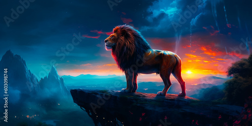A lion standing on a rock with the night sky above it
